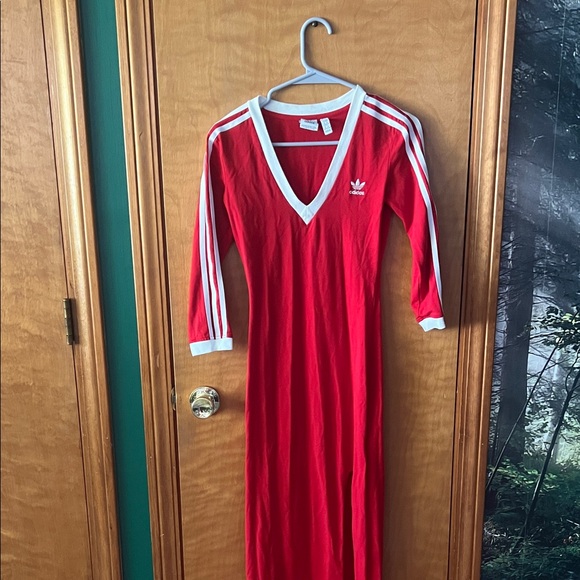 Adidas Red V-Neck Maxi Dress with White Stripes - Picture 1 of 1